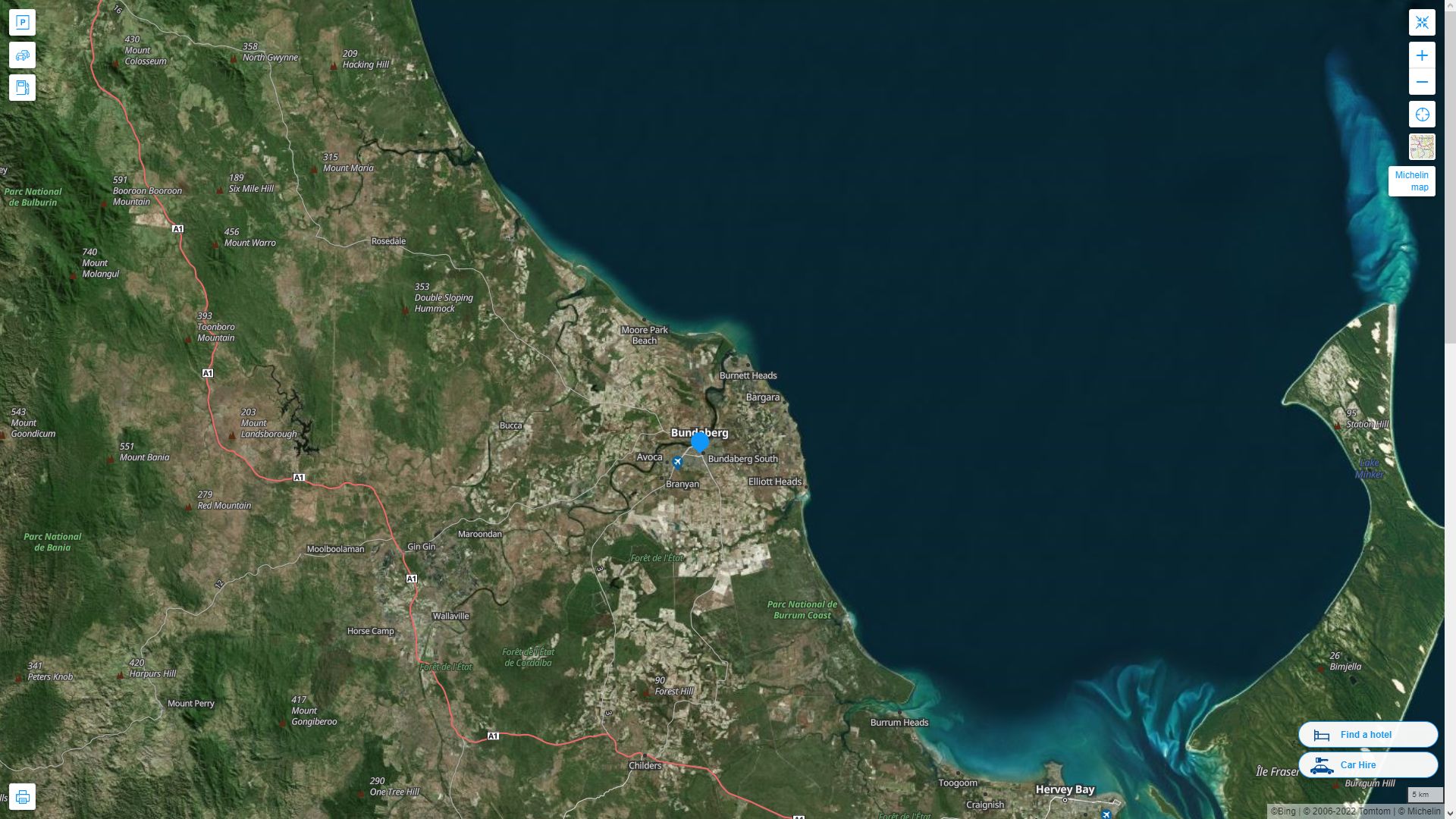 Bundaberg Highway and Road Map with Satellite View
